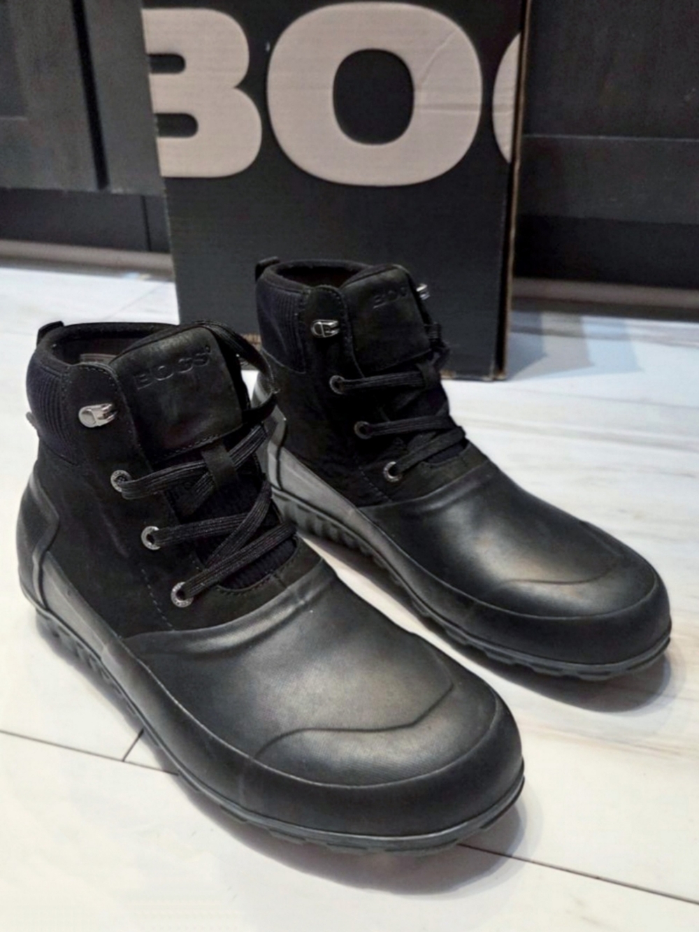 Bogs Men's 11 Classic Casual Rain Boots Waterproof Black Mid Ankle Lace Up
